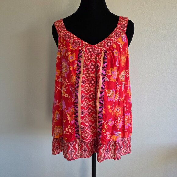 Liverpool Los Angeles Blouse Top Red Orange Floral Boho Sleeveless V-Neck Size S - Picture 1 of 8